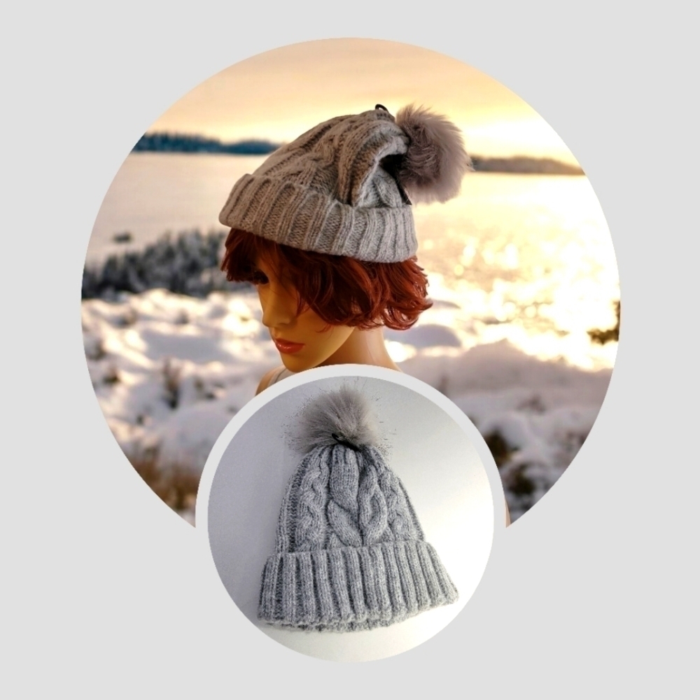 West Loop  Gray Cable Knit Faux Fur Tassel Beanie Pom Hat NWT T16